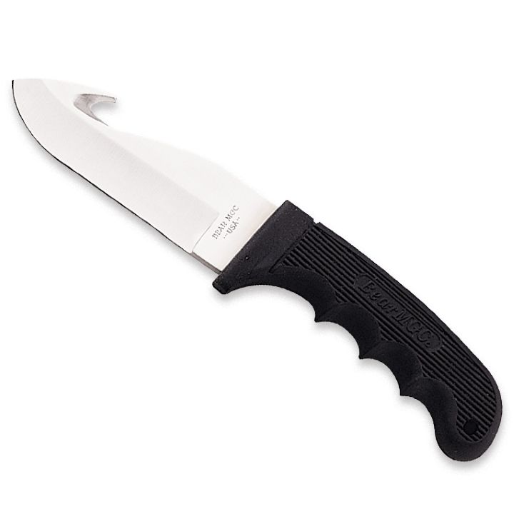 Bear & Son 8 3/8" Black Guthook Knife with Leather Sheath