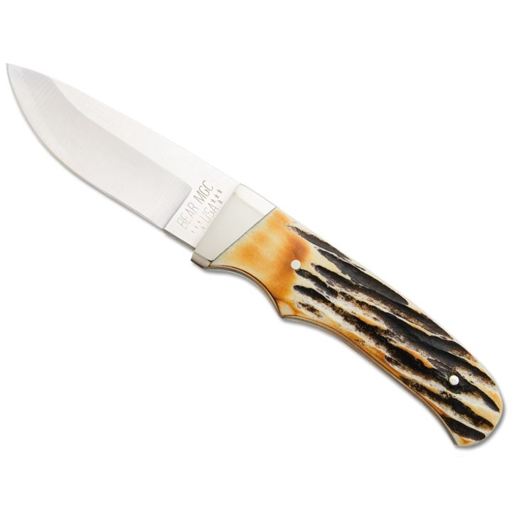 Bear & Son 7 7/8" Genuine India Stag Bone Pro Skinner Knife with Leather Sheath