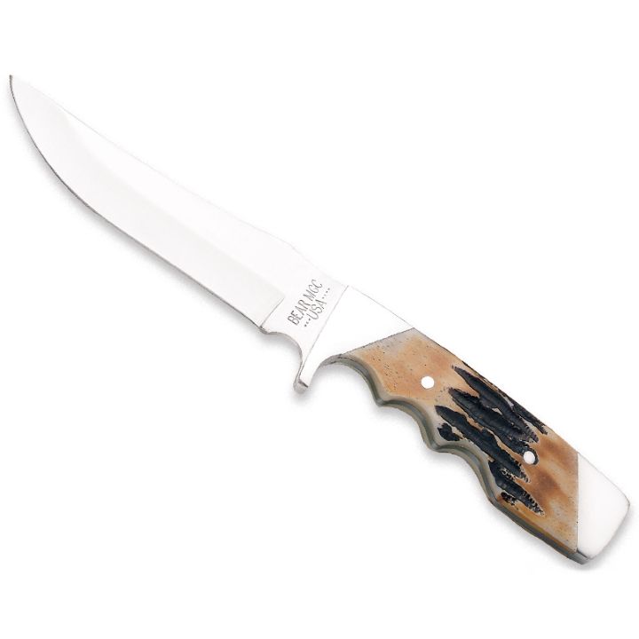 Bear & Son 9 1/4" Genuine India Stag Bone Fingergroove Skinner with Leather Sheath