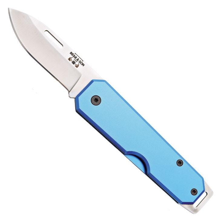 Bear 3 7/8" Drop Point Folder Blue Aluminium Handle Knife