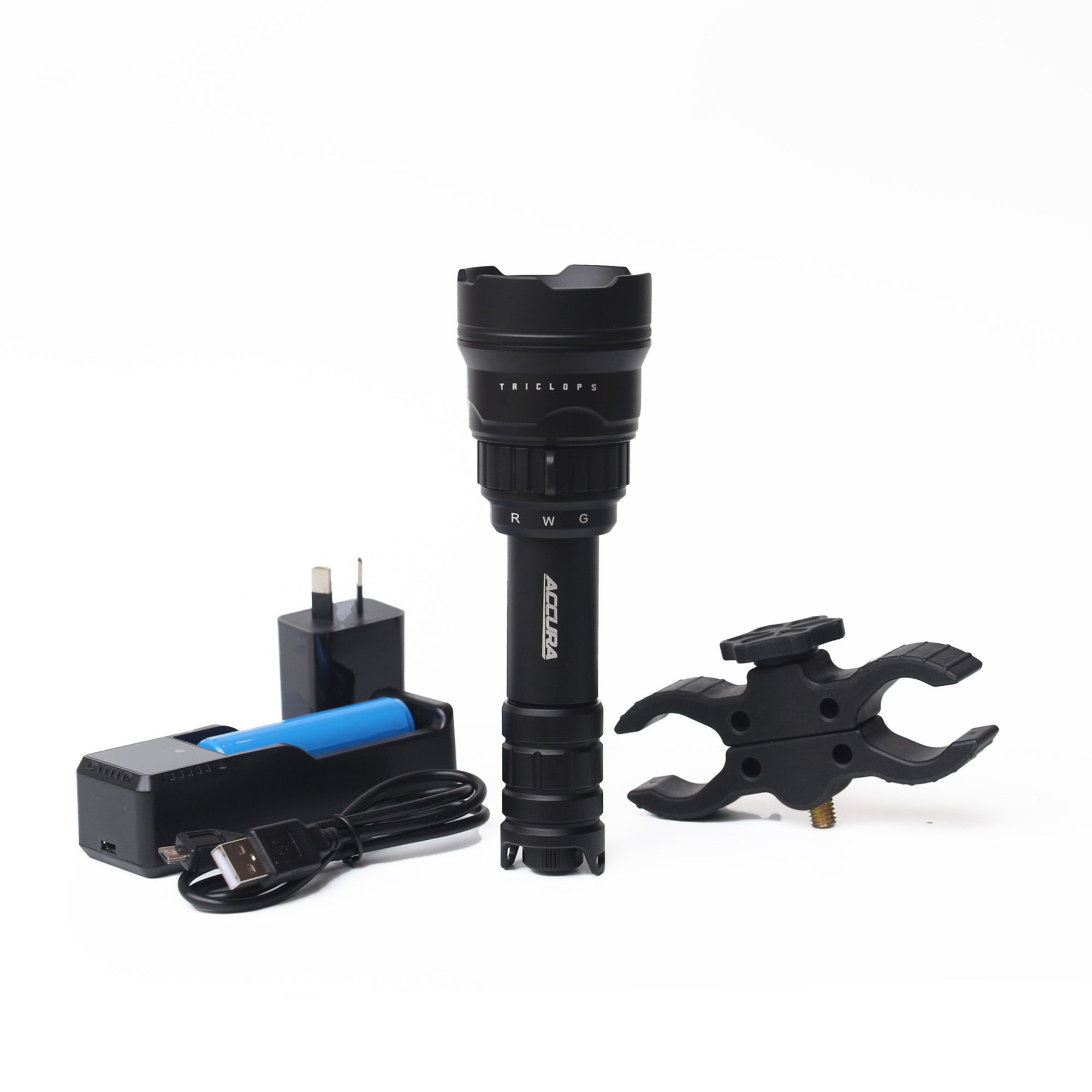 Accura Triclops LED Torch 800 LM White / Red / Green Colours inc. battery-charger **