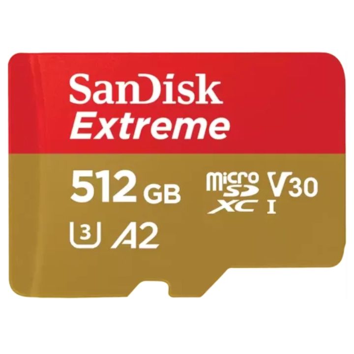 SanDisk Extreme microSDXC 512GB 190MB/s R 130MB/s W UHS-I U3 C10 V30 A2 Card