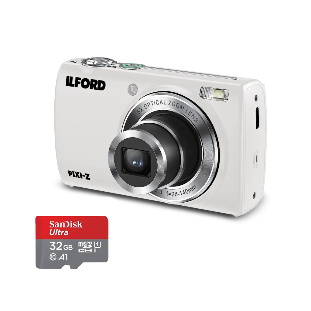 Ilford PIXI-Z 5x Zoom Pearl White Camera with SanDisk 32GB microSD