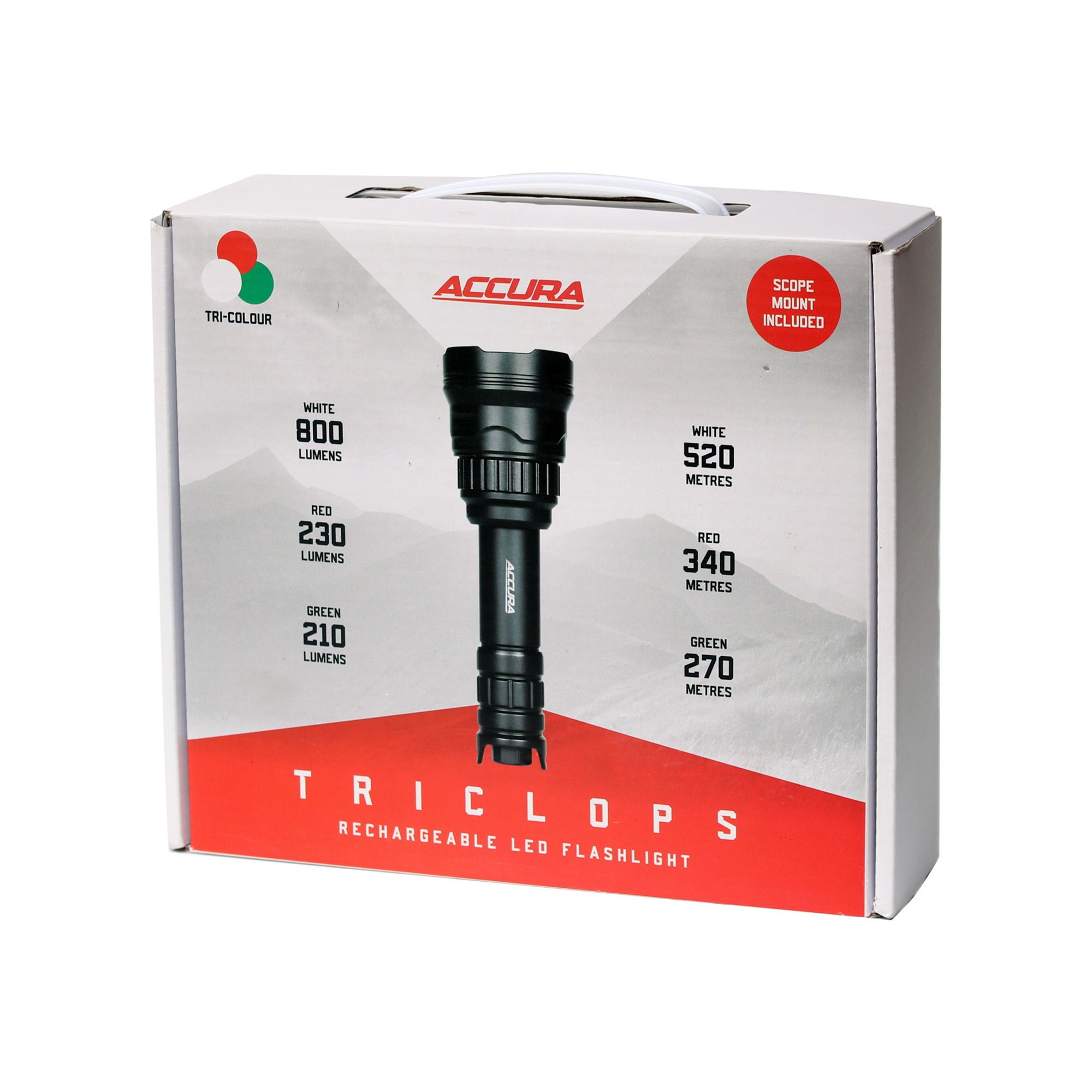 Accura Triclops LED Torch 800 LM White / Red / Green Colours inc. battery-charger and mount