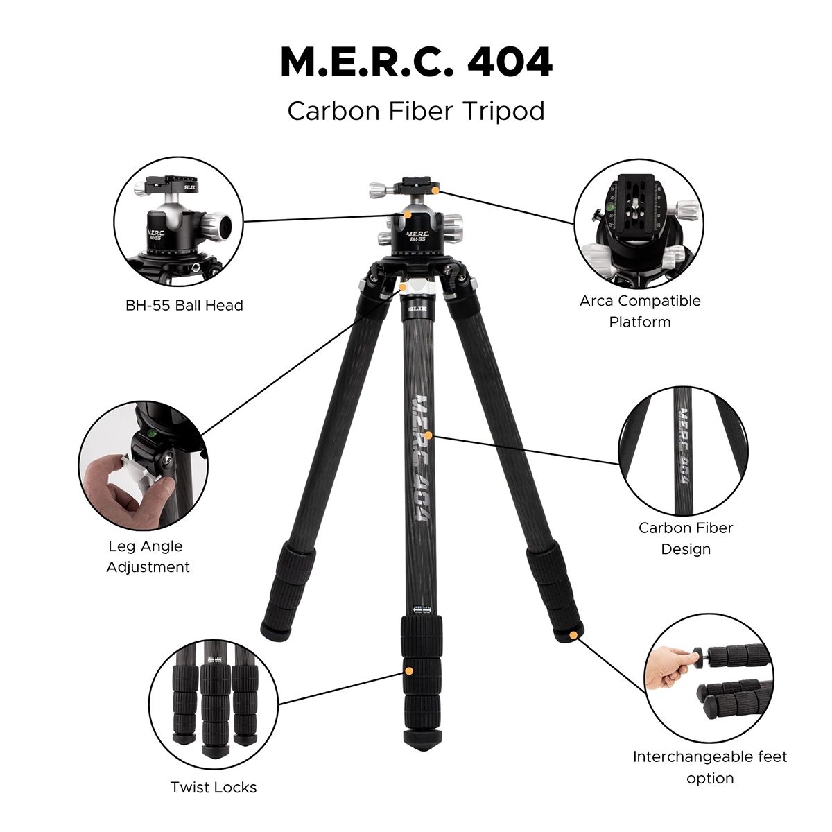 SLIK M.E.R.C. 404 Carbon Fiber Tripod Kit With CF-404 Legs And BH-55 Ball Head