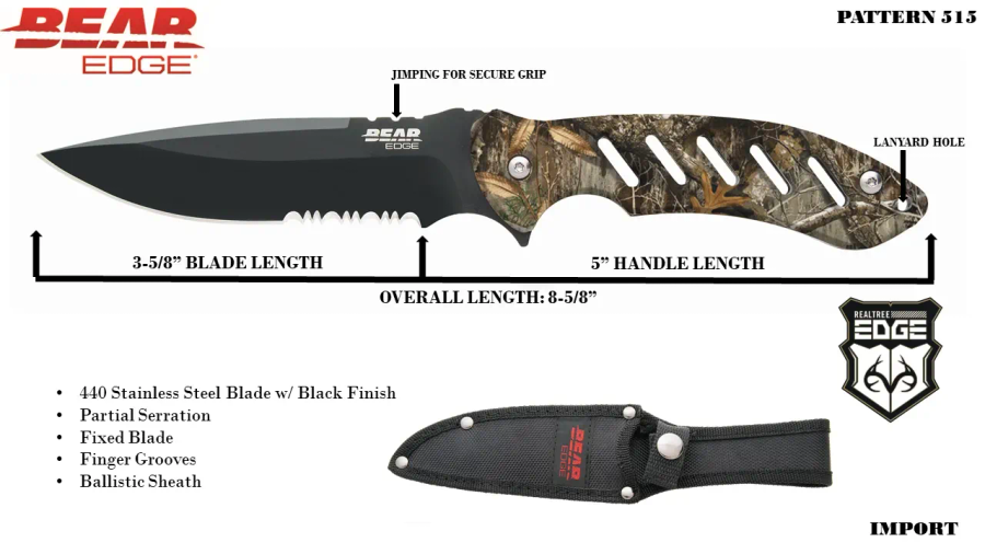 Bear Edge Brisk 9 3/4" Black Blade Knife - Real Tree